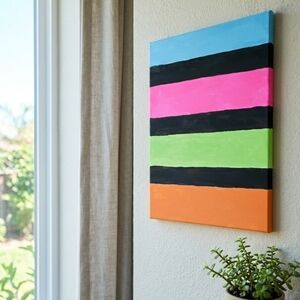 Signed Original Abstract Canvas Art - Neon Stripes Modern Pop Art Painting 11x14